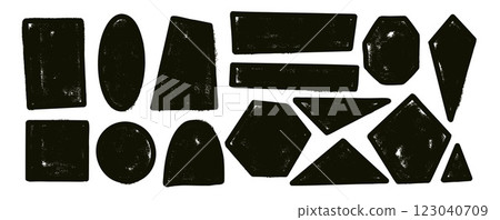 Paint spray geometric shapes with noise set. Text boxes grainy textured frames pack. Circle and square figures. Vector hand drawn quotation stickers shapes. Triangle grunge geometry callout figures 123040709