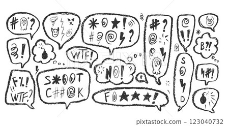 Speech bubbles with swear words. Curse crayon doodle text. Bad feeling expression on chat dialog boxes. Aggressive insult isolated on white background. Haters signs. Vector hand drawn illustration Speech bubbles with swear words. Curse crayon doodle text. Bad feeling expression on chat dialog boxes. Aggressive insult isolated on white background. Haters signs. Vector hand drawn illustration 123040732