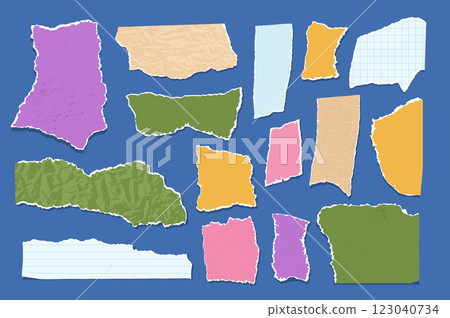Set of torn edges papers. Tear sheet pieces pack. Note uneven texture stickers badges. Blanks for messages and memo. Scrapbooking small paper shapes. Vector hand drawn collection illustration isolated 123040734