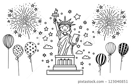 vector illustration in doodle style, set for American Independence Day. Statue of Liberty, fireworks and balloons vector illustration in doodle style, set for American Independence Day. Statue of Liberty, fireworks and balloons 123040851