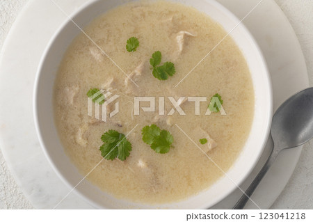Georgian traditional chicken soup Chikhirtma in the white plate, flat lay Georgian traditional chicken soup Chikhirtma in the white plate, flat lay 123041218