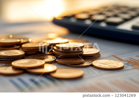 Golden coins, illuminated by sunset, sit atop financial charts near a blurred calculator. This image evokes financial planning and wealth, perhaps celebrating a coin related event 123041269