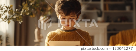 A Caucasian boy, child, reads a greeting card in warm sunlight. He smiles, enjoying the message. Perfect for National Greeting Card Day 123041277