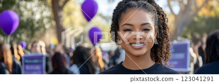 A young African American woman smiles brightly at a Lupus Awareness Day event. Purple balloons and other attendees are visible in the soft focus background. Support for lupus research 123041291
