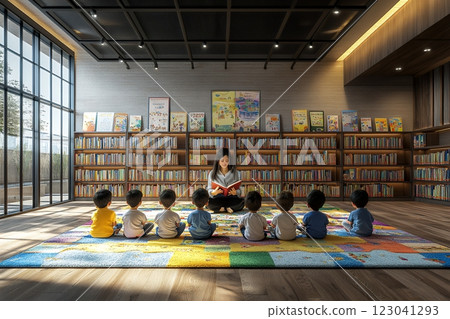 A young woman reads to eight children in a bright, modern library filled with books. This image celebrates early childhood education and literacy 123041293