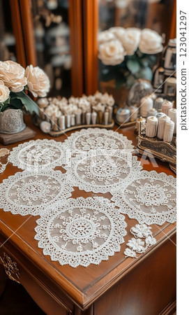 Elegant handmade lace doilies and runners adorn a wooden table, celebrating International Tatting Day. Intricate designs showcase the artistry of this delicate craft 123041297