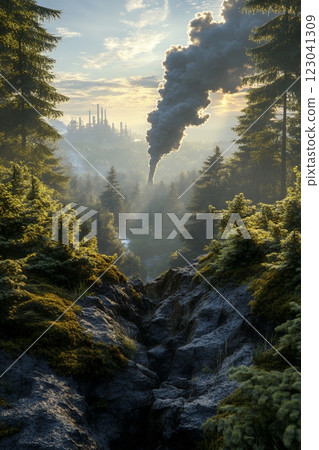 Industrial pollution looms over a pristine forest, a stark contrast highlighting environmental concerns. A symbolic image for Fossil Fools Day, showcasing the impact of industry on nature 123041309