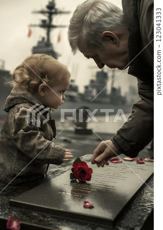 A mature Caucasian man and a young Caucasian child in camouflage clothing place a red rose at a memorial. Asiatic Fleet Memorial Day remembrance 123041333