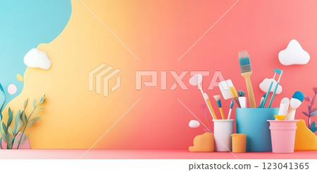 Celebrate National DIY Day with this cheerful image featuring art supplies in pastel containers. Perfect for crafting blogs, social media, or handmade product promotions 123041365