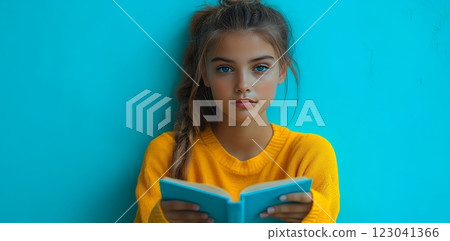 A teenage Caucasian girl with bright blue eyes reads a book, celebrating International Children's Book Day. She is wearing a yellow sweater against a teal background 123041366