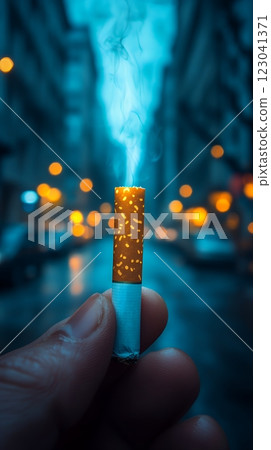 A hand holds a burning cigarette against a blurred city backdrop at night. Smoke rises, symbolizing the dangers of smoking. Powerful image for anti smoking campaigns A hand holds a burning cigarette against a blurred city backdrop at night. Smoke rises, symbolizing the dangers of smoking. Powerful image for anti smoking campaigns 123041371