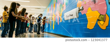 Teenagers, diverse group, participate in anti smoking mural painting. They add colorful details to a world map, promoting a smoke free future. National Day of Action against tobacco 123041377