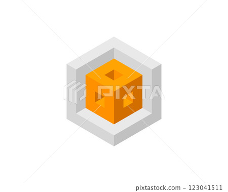 Cube logo, geometric vector design. Box logotype company, trendy tech emblem in pixel style. 123041511