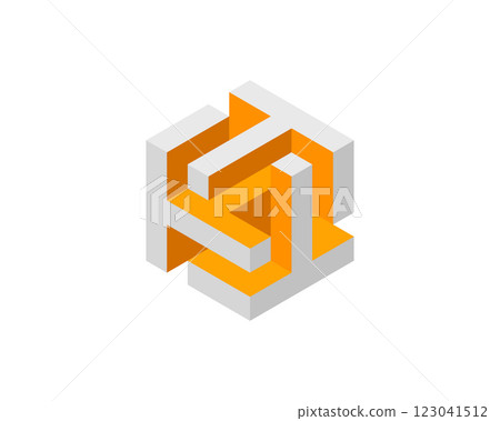 Cube logo, geometric vector design. Box logotype company, trendy tech emblem in pixel style. 123041512