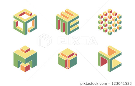Cube logo, geometric vector design. Set box logotype company, trendy techno emblem in isometric 3D style. 123041523