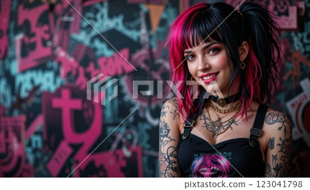 Punk Rock Girl with Black and Pink Hair and Graffiti Background 123041798