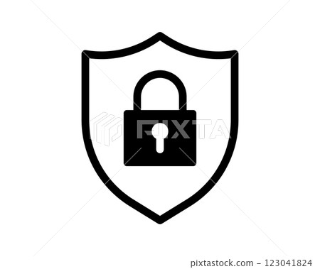Bold black icon of a padlock inside a shield, representing security, protection, and safety. 123041824