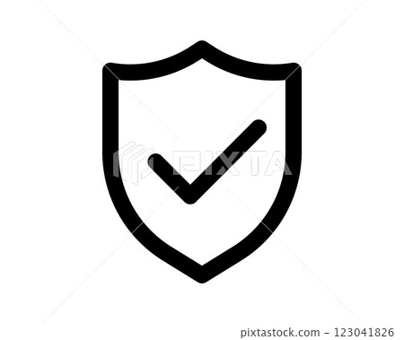 Bold black shield icon with a checkmark inside, signifying security, approval, or verification. 123041826