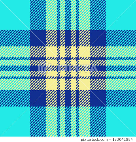 Vibrant teal, navy, and pale yellow plaid pattern. Geometric textile design ideal for fashion, web, or print projects. Vibrant teal, navy, and pale yellow plaid pattern. Geometric textile design ideal for fashion, web, or print projects. 123041894