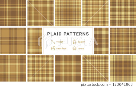 Fashionable plaid fabric designs with stripes and check patterns, perfect for repeating textile prints or trendy shirt materials. 123041963