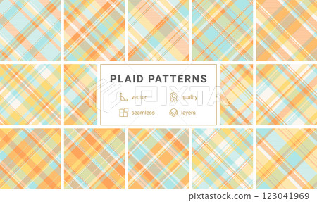 Twelve vibrant pastel plaid patterns in a seamless vector design. Perfect for textile prints, website backgrounds, or crafting projects. Highquality, layered design ensures easy customization. Twelve vibrant pastel plaid patterns in a seamless vector design. Perfect for textile prints, website backgrounds, or crafting projects. Highquality, layered design ensures easy customization. 123041969