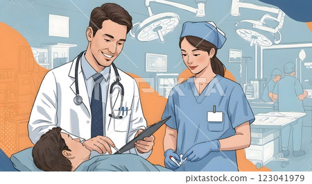 Modern Illustration of a Doctor and Nurse Attending to a Patient in a Hospital 123041979