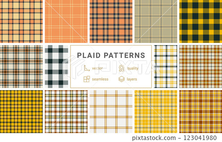 Collection of 12 seamless vector plaid patterns.  Perfect for textile design, web backgrounds, and more.  Highquality, layered files for easy editing. 123041980