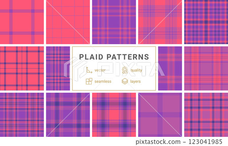 This plaid pattern set features striped designs in trendy colors, perfect for repeating wallpaper, shirts, or textile materials. This plaid pattern set features striped designs in trendy colors, perfect for repeating wallpaper, shirts, or textile materials. 123041985