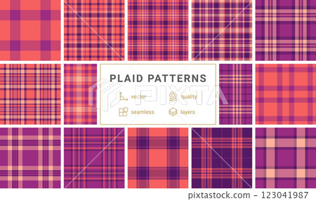 Twelve vibrant plaid patterns in coral and purple hues. Seamless vector designs, ideal for textile prints, web backgrounds, and fashion projects. Highquality layered files for easy customization. Twelve vibrant plaid patterns in coral and purple hues. Seamless vector designs, ideal for textile prints, web backgrounds, and fashion projects. Highquality layered files for easy customization. 123041987
