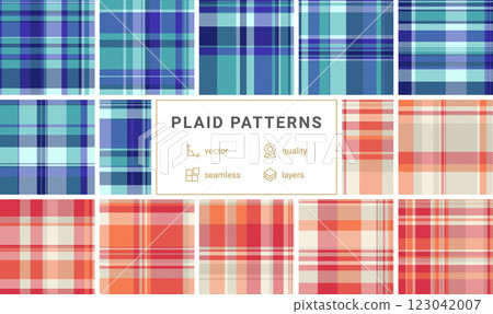 A plaid pattern collection inspired by English textiles, ideal for fabric design, shirts, or old-fashioned yet trendy clothing prints. 123042007