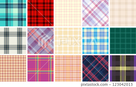 Plaid textile collection with a mix of striped and checkered designs, ideal for fabric, shirts, or classic British-themed decor. Plaid textile collection with a mix of striped and checkered designs, ideal for fabric, shirts, or classic British-themed decor. 123042013