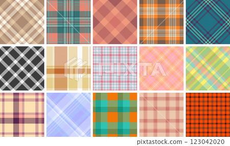Fashionable plaid fabric designs with stripes and check patterns, perfect for repeating textile prints or trendy shirt materials. Fashionable plaid fabric designs with stripes and check patterns, perfect for repeating textile prints or trendy shirt materials. 123042020