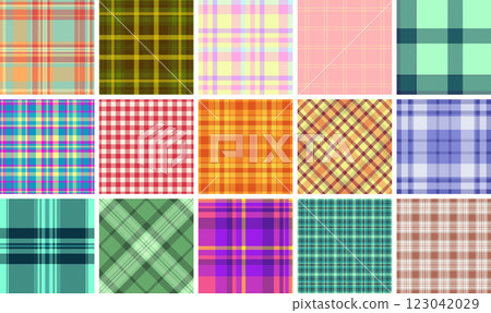 Plaid textile collection with a mix of striped and checkered designs, ideal for fabric, shirts, or classic British-themed decor. 123042029