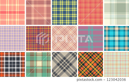Fashionable plaid fabric designs with stripes and check patterns, perfect for repeating textile prints or trendy shirt materials. Fashionable plaid fabric designs with stripes and check patterns, perfect for repeating textile prints or trendy shirt materials. 123042036