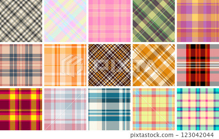 Vibrant collection of 16 seamless plaid patterns.  Perfect for textile design, fashion, website backgrounds, or scrapbooking.  Offers diverse color palettes and styles, from classic to modern. 123042044