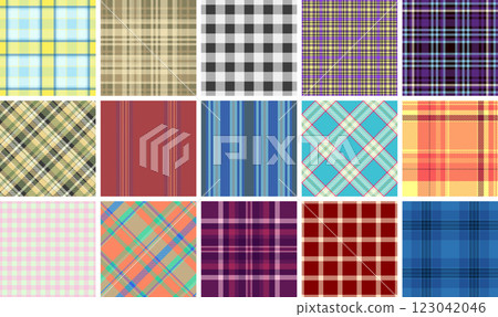 Geometric plaid and checkered patterns designed for textile and fabric use, adding a rustic, old-fashioned touch to clothes and home decor. Geometric plaid and checkered patterns designed for textile and fabric use, adding a rustic, old-fashioned touch to clothes and home decor. 123042046