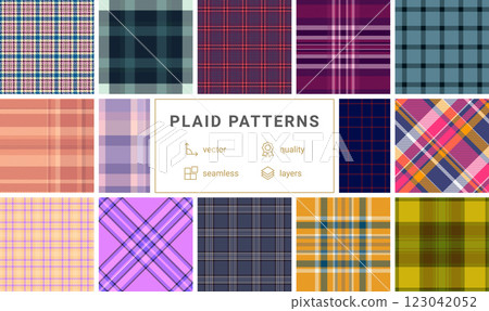 A geometric plaid collection with a mix of textured check patterns, ideal for fabric prints, rustic backgrounds, and British-style clothing. A geometric plaid collection with a mix of textured check patterns, ideal for fabric prints, rustic backgrounds, and British-style clothing. 123042052