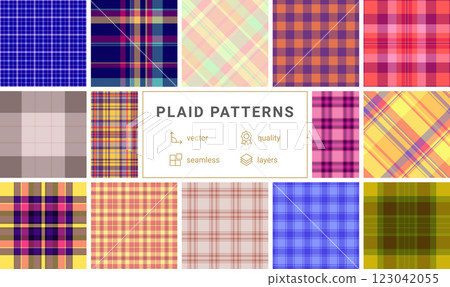 Collection of 12 vibrant plaid patterns. Highquality vector seamless textures in various colors and styles, perfect for textile design, web backgrounds, and fashion projects. Collection of 12 vibrant plaid patterns. Highquality vector seamless textures in various colors and styles, perfect for textile design, web backgrounds, and fashion projects. 123042055
