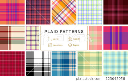 Plaid pattern set with rustic charm, ideal for textile materials, wallpaper, or shirt designs with a British-inspired aesthetic. 123042056