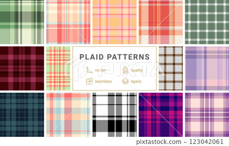 Gingham-inspired plaid patterns, great for textile, fabric, and shirt designs with rustic and British fashion vibes. 123042061