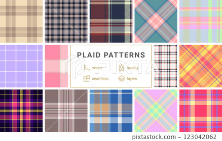 Plaid fabric patterns in vibrant checks, perfect for textile, clothing, or rustic wallpaper designs with a Scottish touch. 123042062