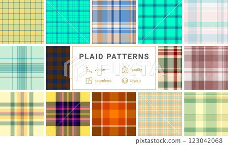 Plaid fabric designs with gingham and check patterns, perfect for rustic wallpapers, textiles, or celtic-inspired clothing prints. Plaid fabric designs with gingham and check patterns, perfect for rustic wallpapers, textiles, or celtic-inspired clothing prints. 123042068