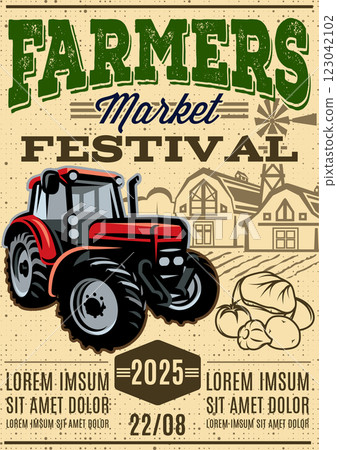 Retro styled Farmers Market Festival poster with a vintage tractor and fresh produce promoting local agriculture and community events Retro styled Farmers Market Festival poster with a vintage tractor and fresh produce promoting local agriculture and community events 123042102