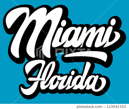Stylish Miami Florida logo in bold cursive font with a vibrant blue background capturing the essence of the city s tropical vibe 123042103