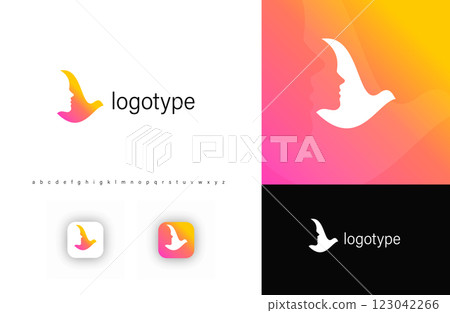 Dove logo with female face profile silhouette, symbolizing peace, freedom, beauty and harmony. Ideal for wellness, mental health, beauty, spiritual branding. Modern vector logo template 123042266