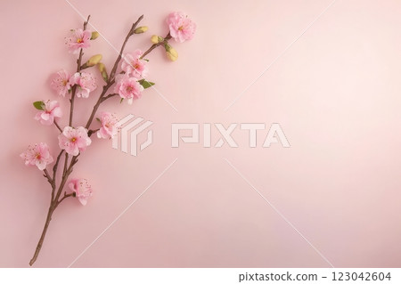 Cherry blossom branch arranged on a soft pink background Cherry blossom branch arranged on a soft pink background 123042604