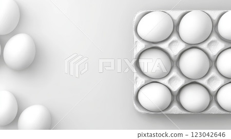 White eggs in carton on light surface with scattered eggs around White eggs in carton on light surface with scattered eggs around 123042646