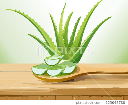Aloe gel on wooden spoon with aloe sliced on wooden table 123042788