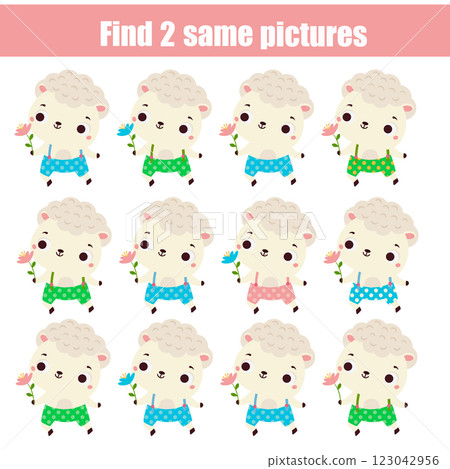 Children educational game. Find two same pictures of cute lambs Children educational game. Find two same pictures of cute lambs 123042956
