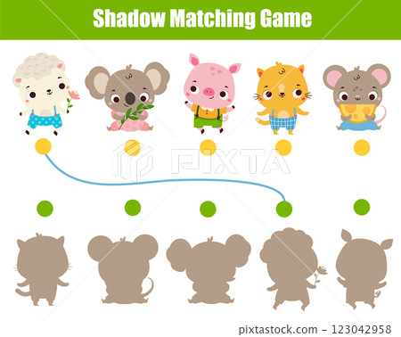 Shadow matching game for children. Kids activity with cute animals. Learning page for toddlers Shadow matching game for children. Kids activity with cute animals. Learning page for toddlers 123042958